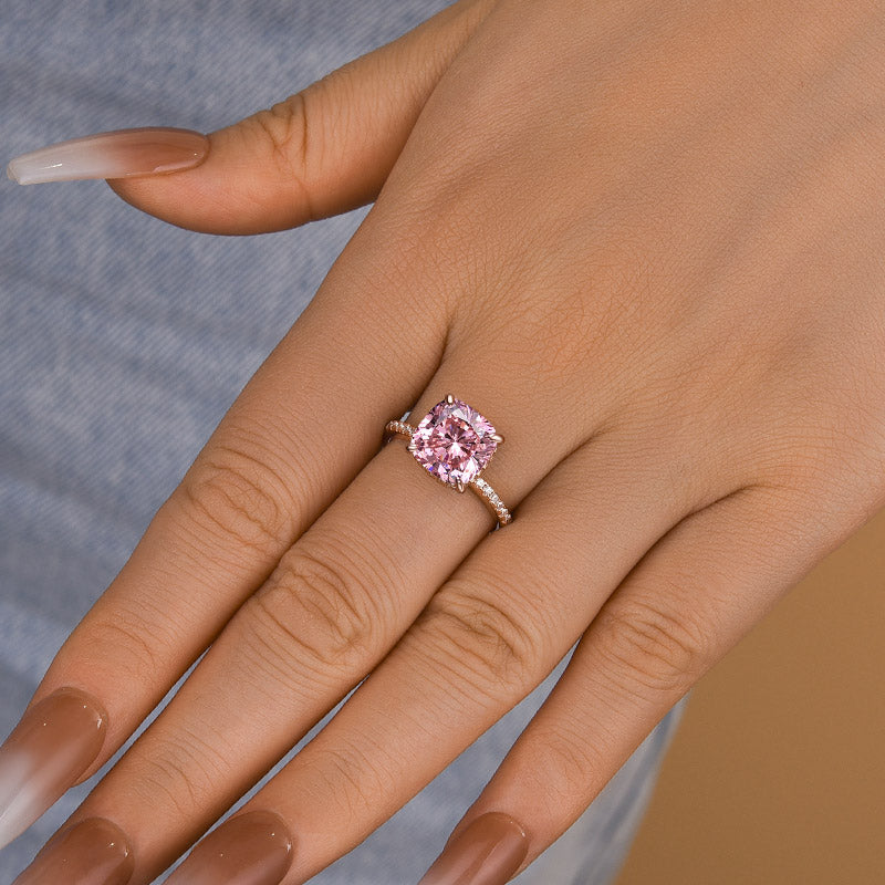 Rose Gold Peachy Pink Stone Cushion Cut Engagement Ring With Double Halo