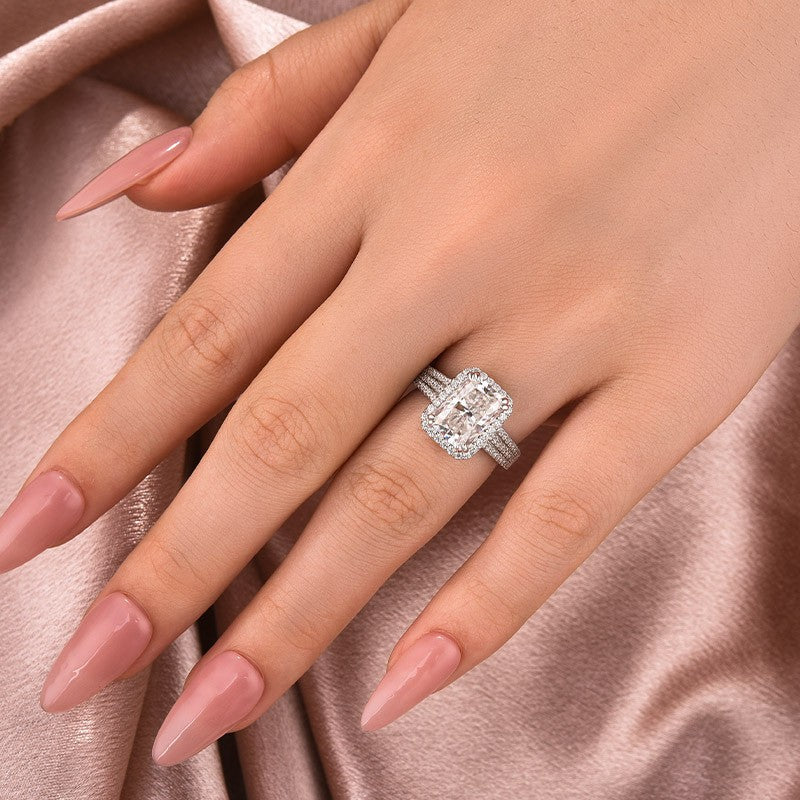 Moissanite Halo Three Shank 3.5Ct Radiant Cut White Gold Engagement Ring