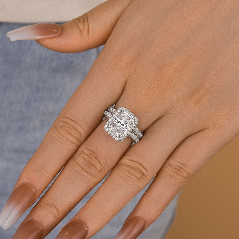 Ahabobo Luxury Halo Radiant Cut Wedding Ring Set