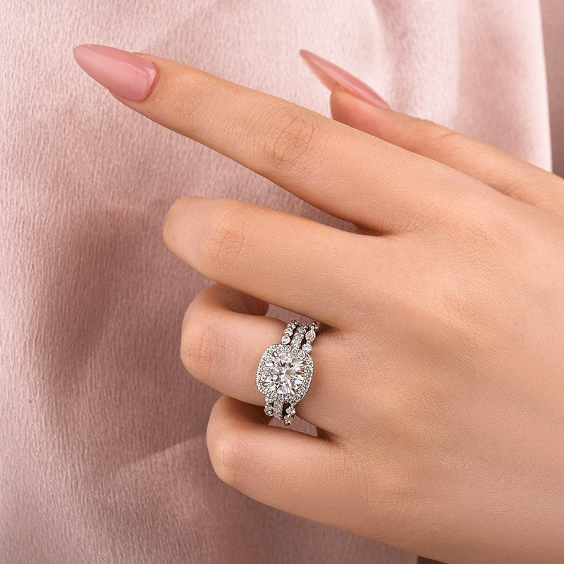Moissanite 2.0Ct Halo Round Cut White Gold Promise Ring With Round Cut & Marquise Cut Anniversary Ring