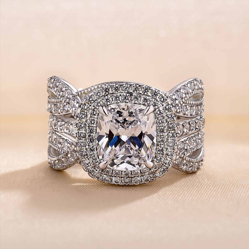 Vintage Double Halo Cushion Cut Insert Wedding Ring Set For Women In Sterling Silver