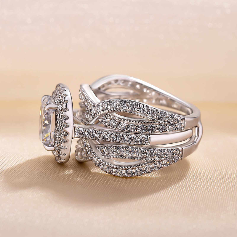Vintage Double Halo Cushion Cut Insert Wedding Ring Set For Women In Sterling Silver