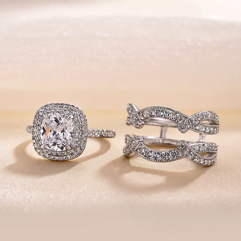 Vintage Double Halo Cushion Cut Insert Wedding Ring Set For Women In Sterling Silver