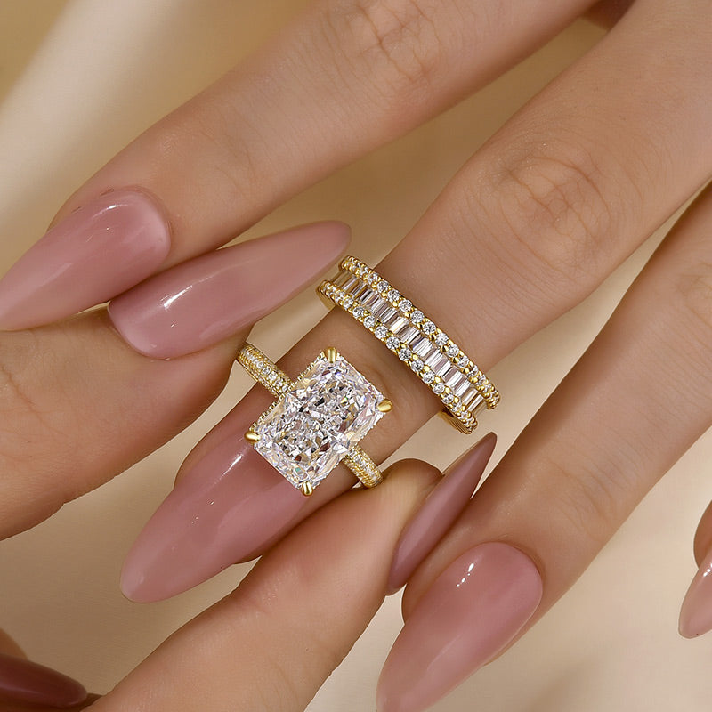 Ahabobo Elongated 5.0Ct Radiant Cut Wedding Ring With Emerald Cut Wedding Band