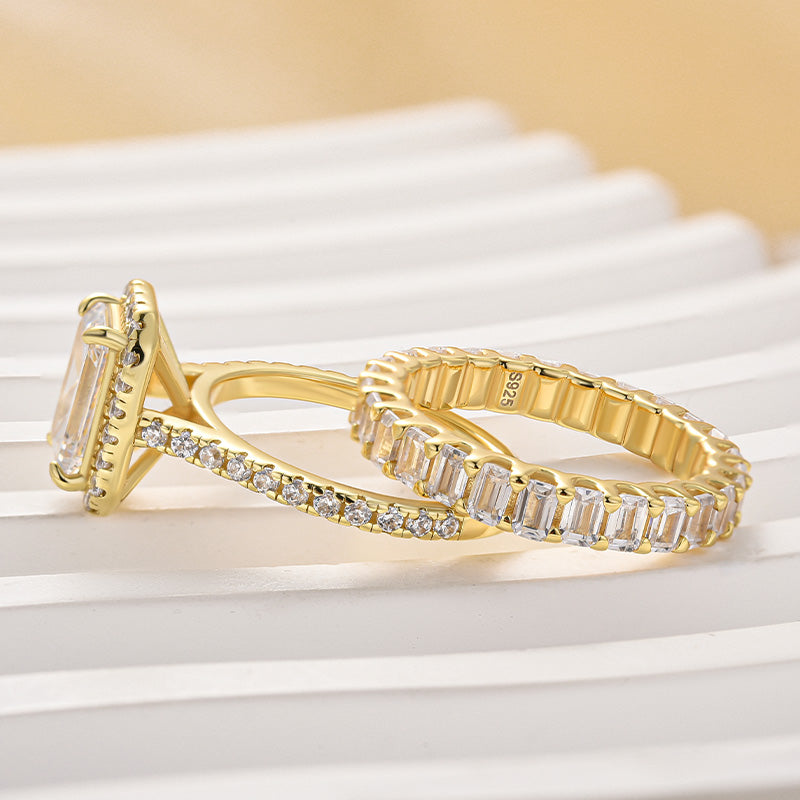 Ahabobo Noble Halo Emerald Cut Wedding Ring Set