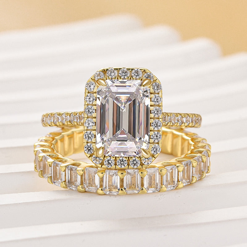 Ahabobo Noble Halo Emerald Cut Wedding Ring Set