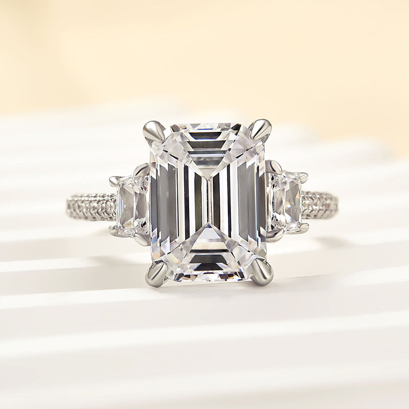 Ahabobo Stunning Emerald Cut Three Stone Engagement Ring In Sterling Silver
