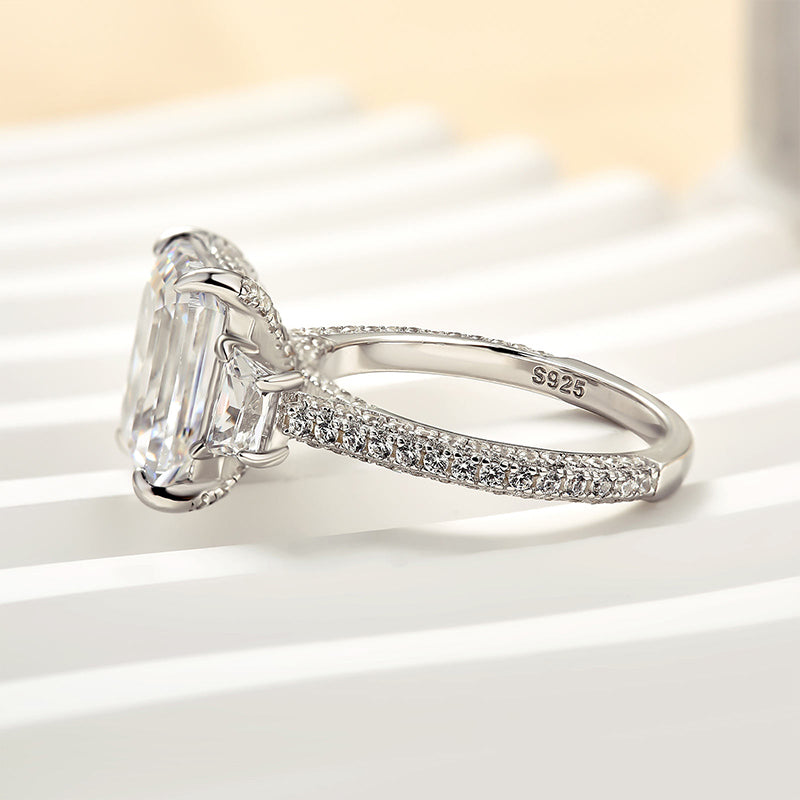 Ahabobo Stunning Emerald Cut Three Stone Engagement Ring In Sterling Silver