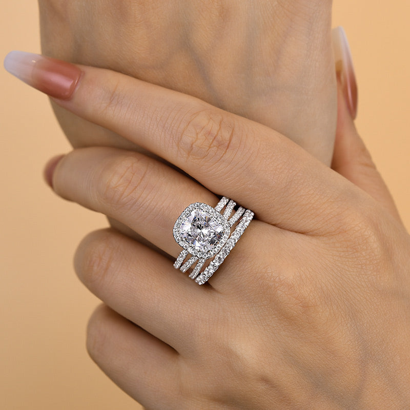 Attractive Halo Cushion Cut 3PC Wedding Set