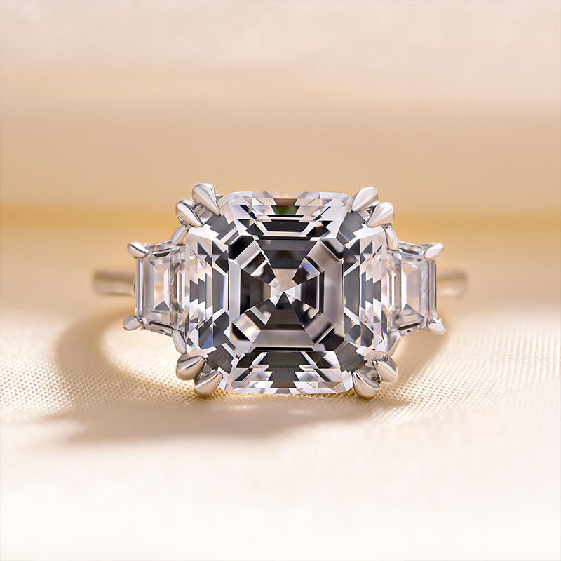 Exclusive Asscher Cut Three Stone Women's Engagement Ring In Sterling Silver