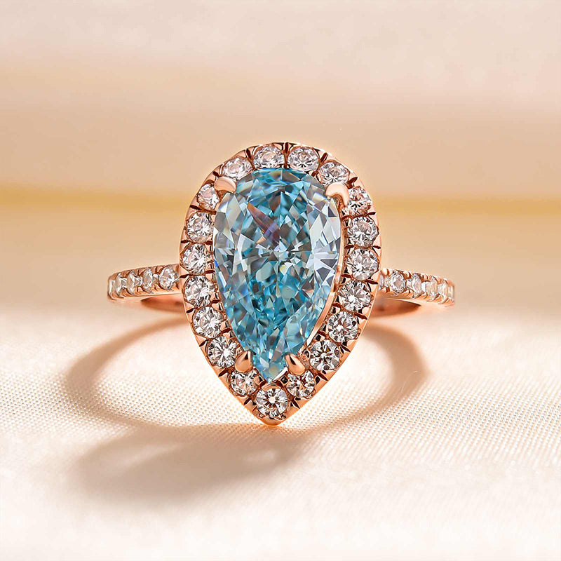 Exquisite Rose Gold Halo Pear Cut Cyan Blue Engagement Ring