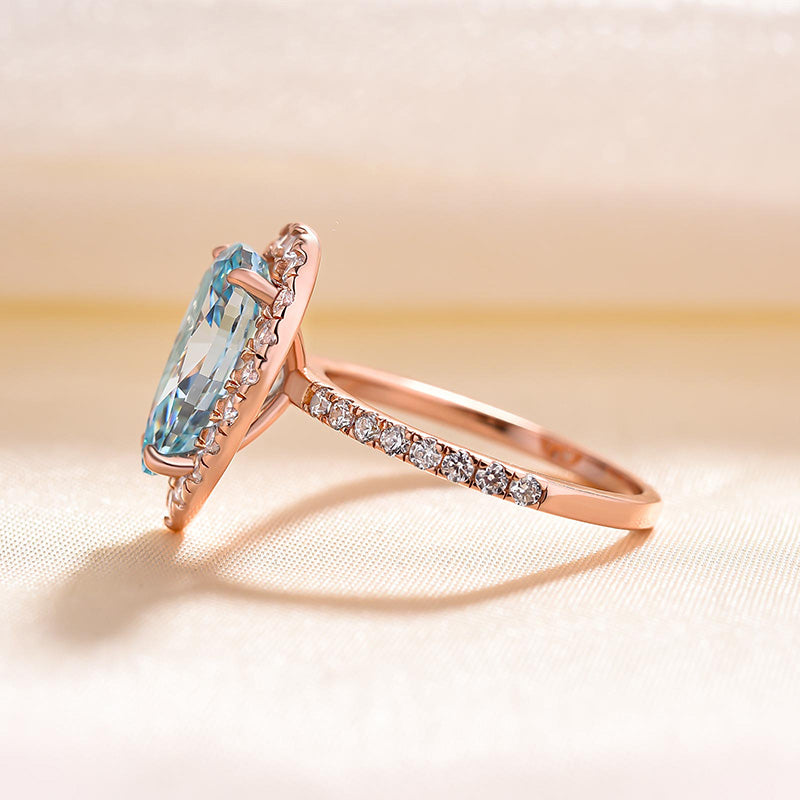 Exquisite Rose Gold Halo Pear Cut Cyan Blue Engagement Ring