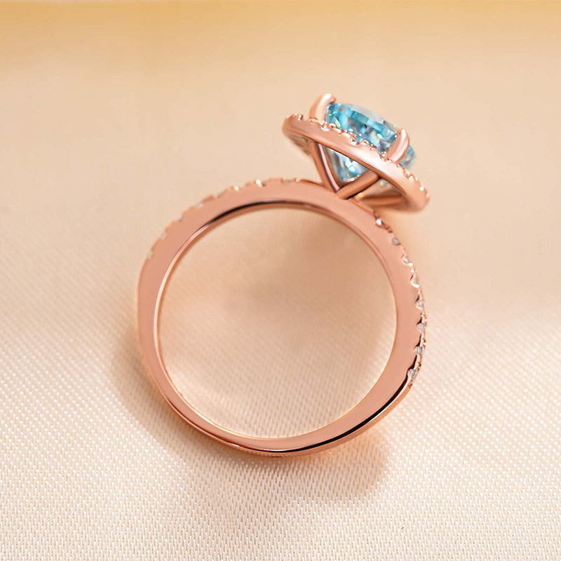 Exquisite Rose Gold Halo Pear Cut Cyan Blue Engagement Ring
