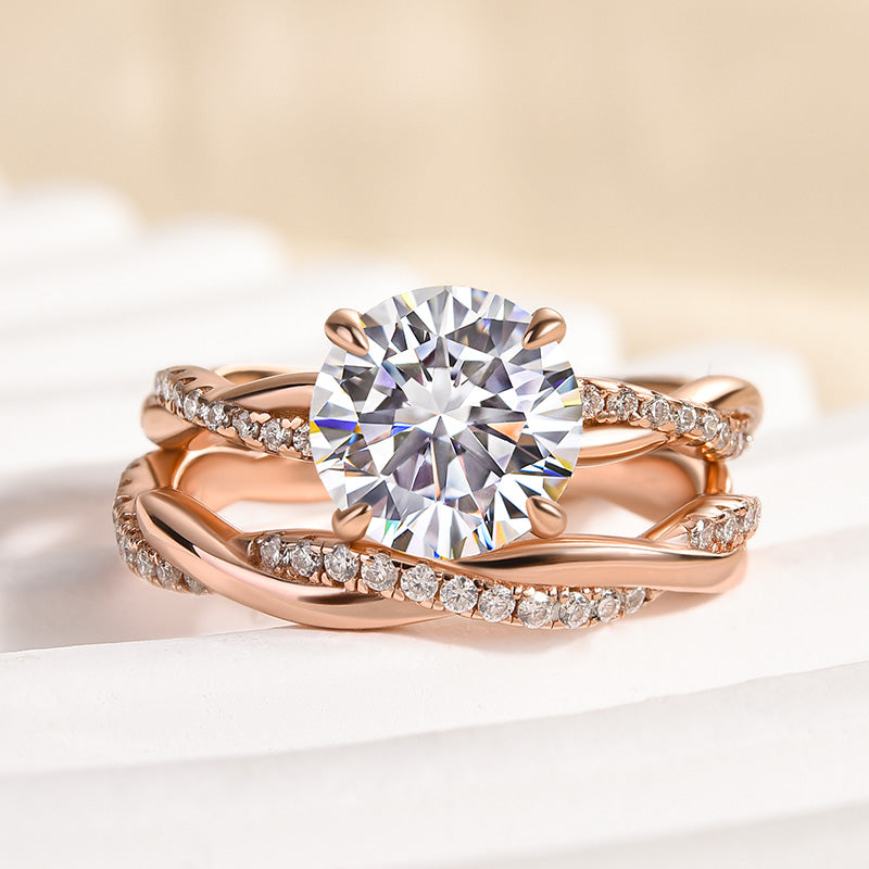 Ahabobo Moissanite Twist 2.0 Carat Round Cut Wedding Ring Set In Sterling Silver