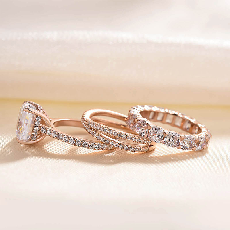 3PC 4.5 Carat Cushion Cut Wedding Ring Set With Criss Cross Wedding Band & Eternity Wedding Band