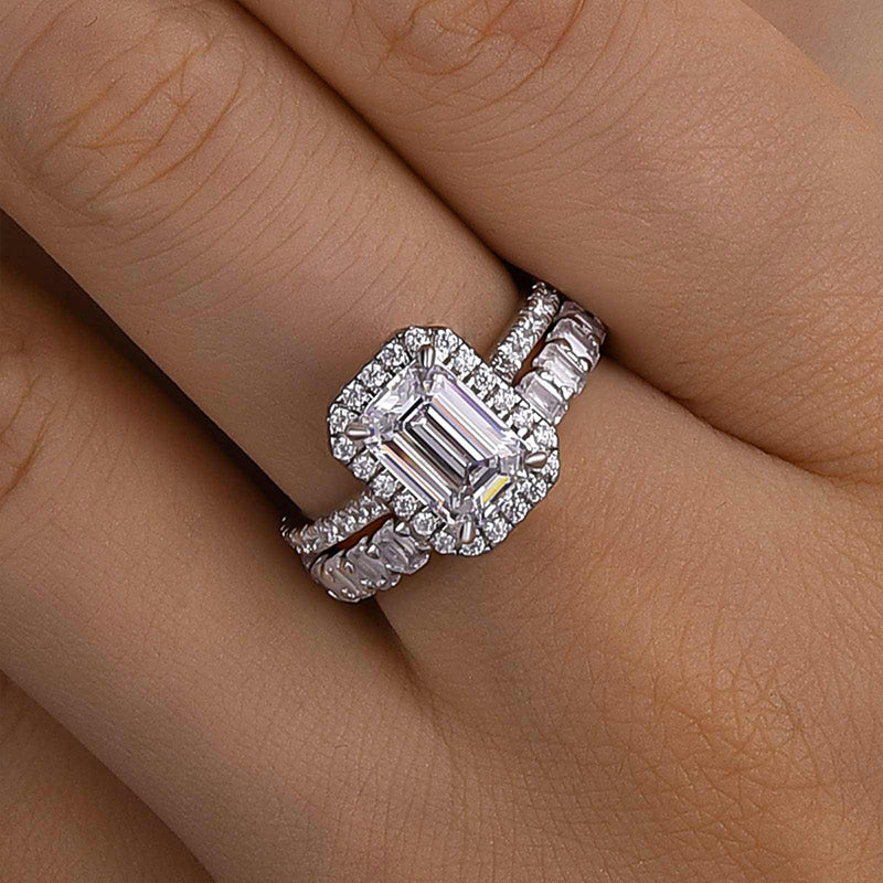 Ahabobo Noble Halo Emerald Cut Wedding Ring Set