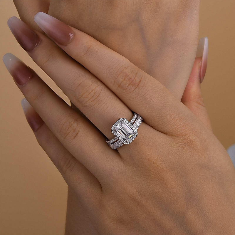 Ahabobo Noble Halo Emerald Cut Wedding Ring Set