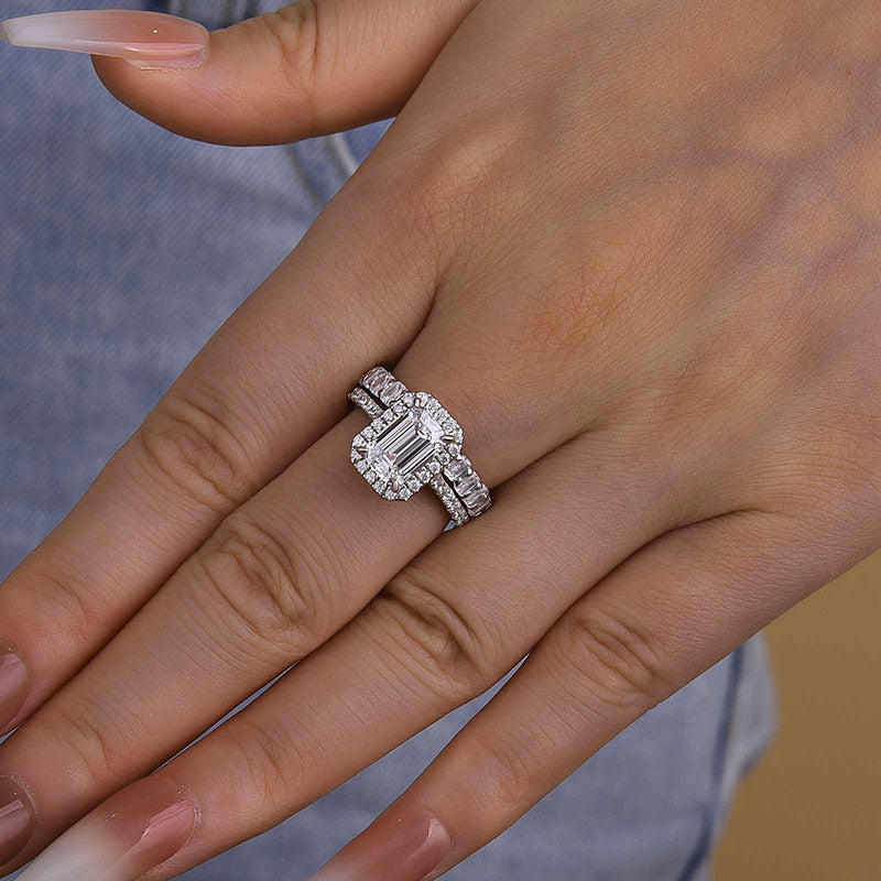 Ahabobo Noble Halo Emerald Cut Wedding Ring Set
