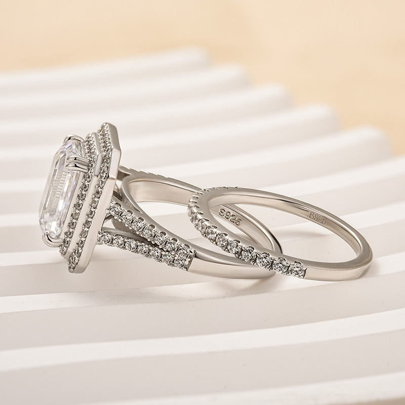 Ahabobo Split Shank Emerald Cut Wedding Ring Set In Sterling Silver