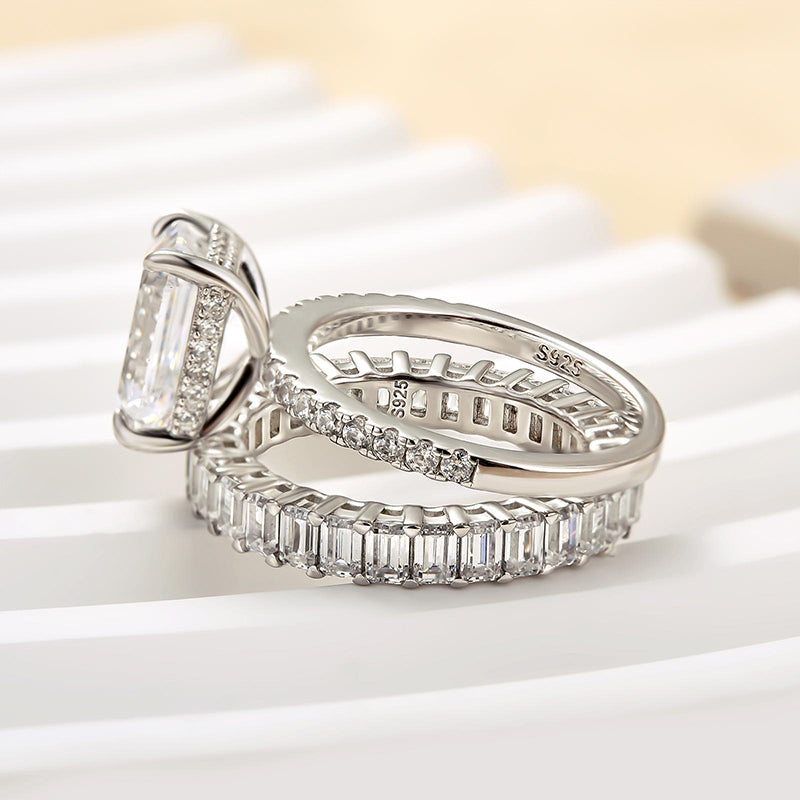 Ahabobo Luxurious Emerald Cut Wedding Ring Set In Sterling Silver