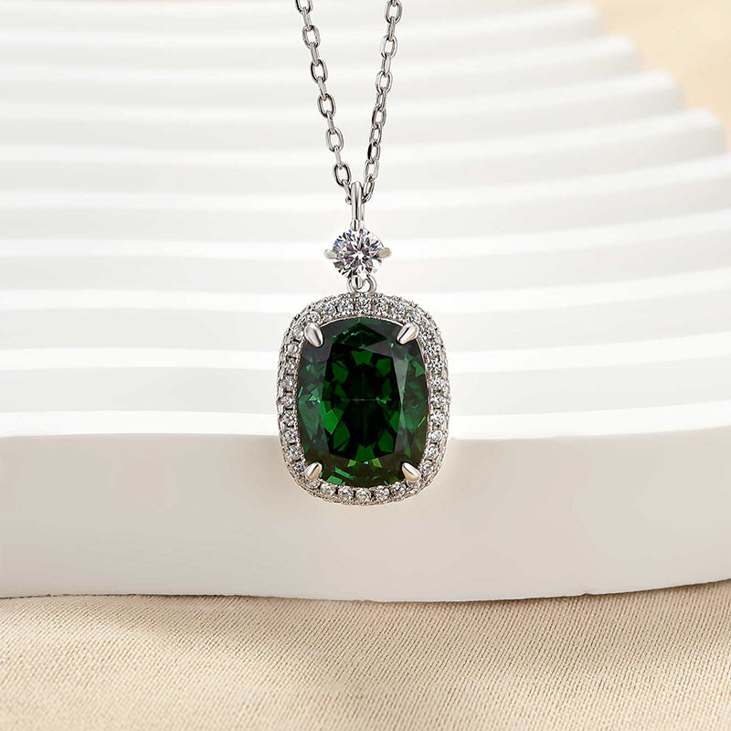 8.0Ct Halo Emerald Green Cushion Cut Pendant Necklace