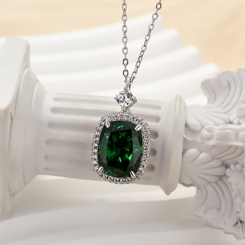 8.0Ct Halo Emerald Green Cushion Cut Pendant Necklace