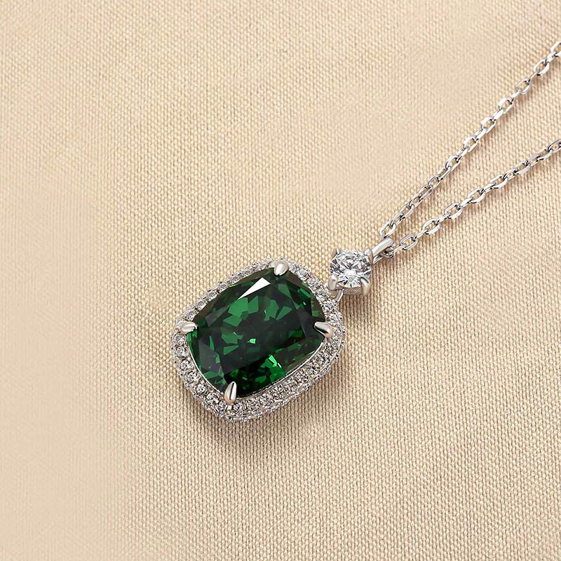 8.0Ct Halo Emerald Green Cushion Cut Pendant Necklace