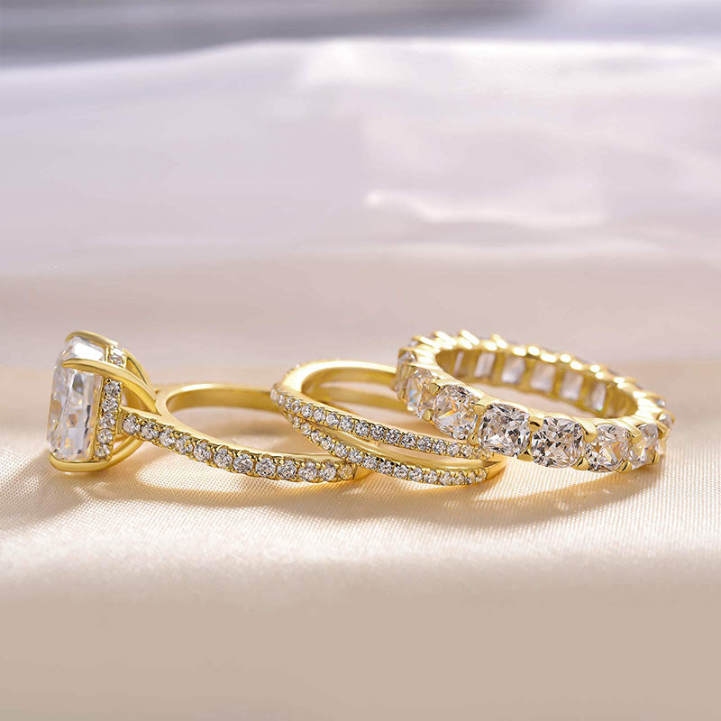 3PC 4.5 Carat Cushion Cut Wedding Ring Set With Criss Cross Wedding Band & Eternity Wedding Band