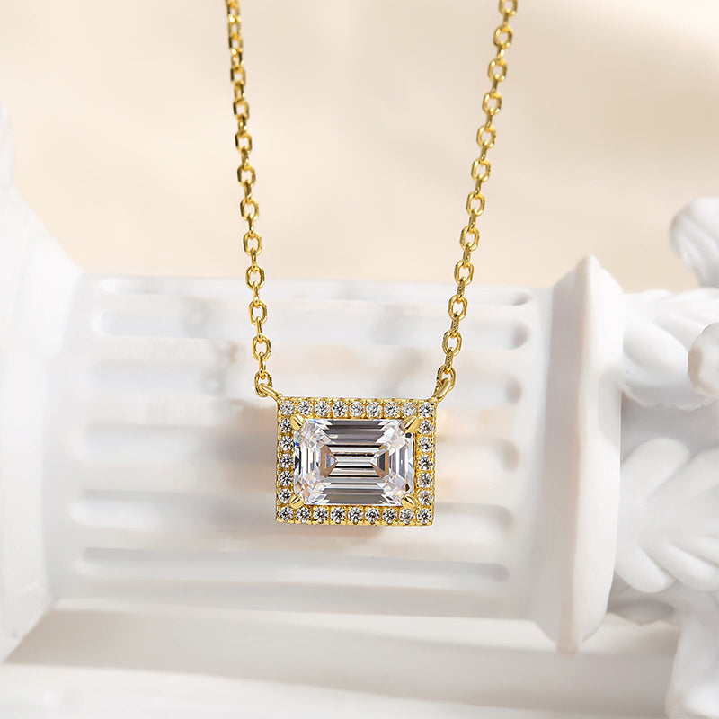 1.25Ct Fashion Halo Design Emerald Cut Necklace In Sterling Silver