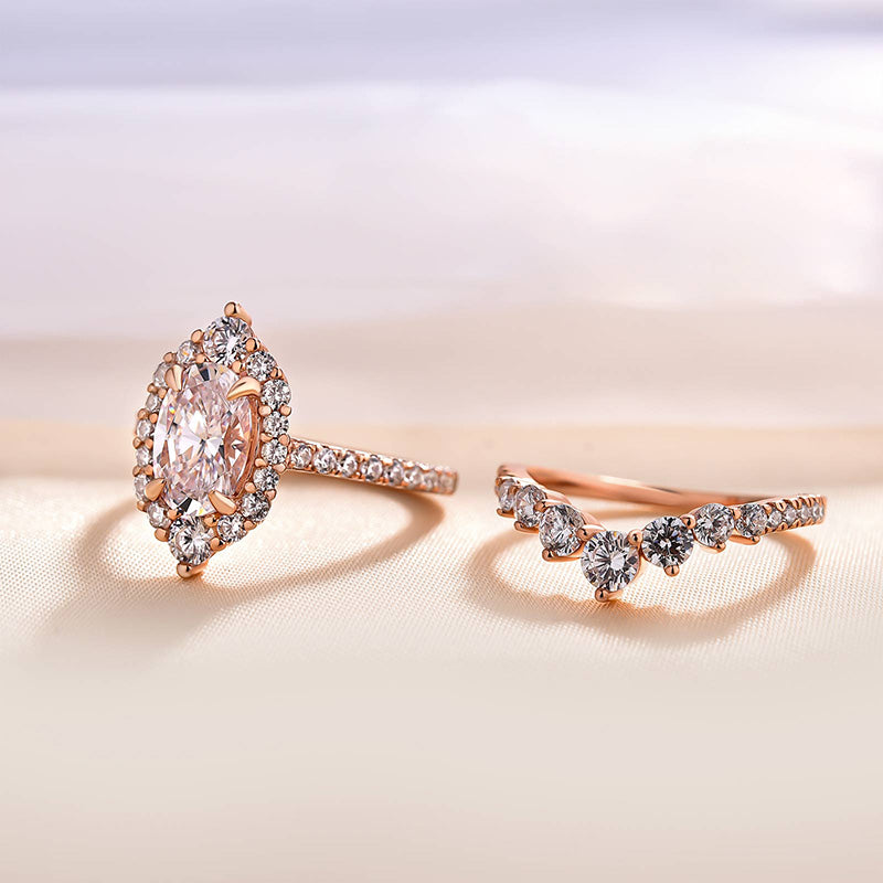 Rose Gold Unique Design Halo Oval Cut Wedding Set In Sterling Silver