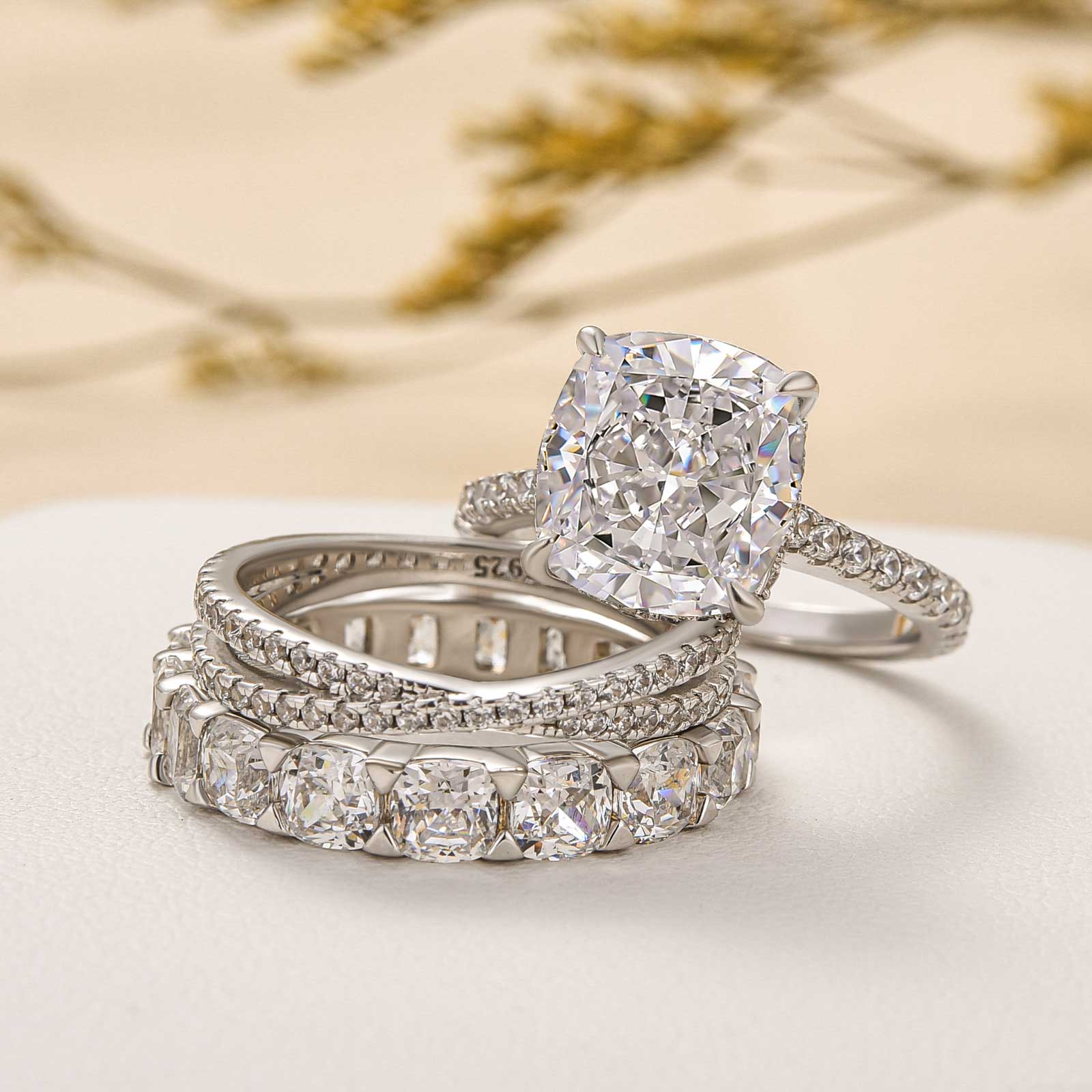 3PC 4.5 Carat Cushion Cut Wedding Ring Set With Criss Cross Wedding Band & Eternity Wedding Band