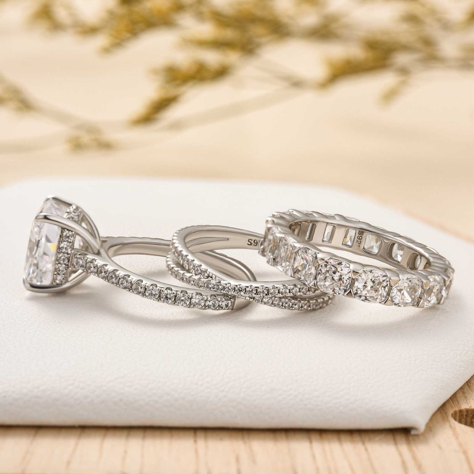 3PC 4.5 Carat Cushion Cut Wedding Ring Set With Criss Cross Wedding Band & Eternity Wedding Band