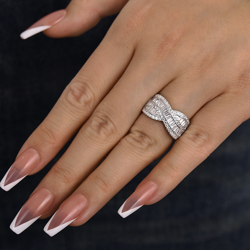 Stunning Cross Emerald Cut Women's Wedding Band