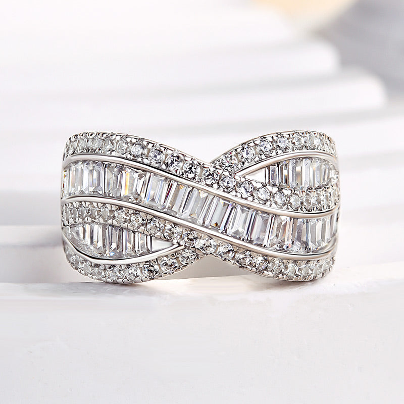 Stunning Cross Emerald Cut Women's Wedding Band