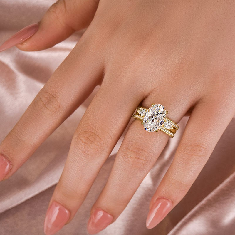 Moissanite 4.0Ct Oval Cut Side Stone Yellow Gold With Pavé Wedding Ring