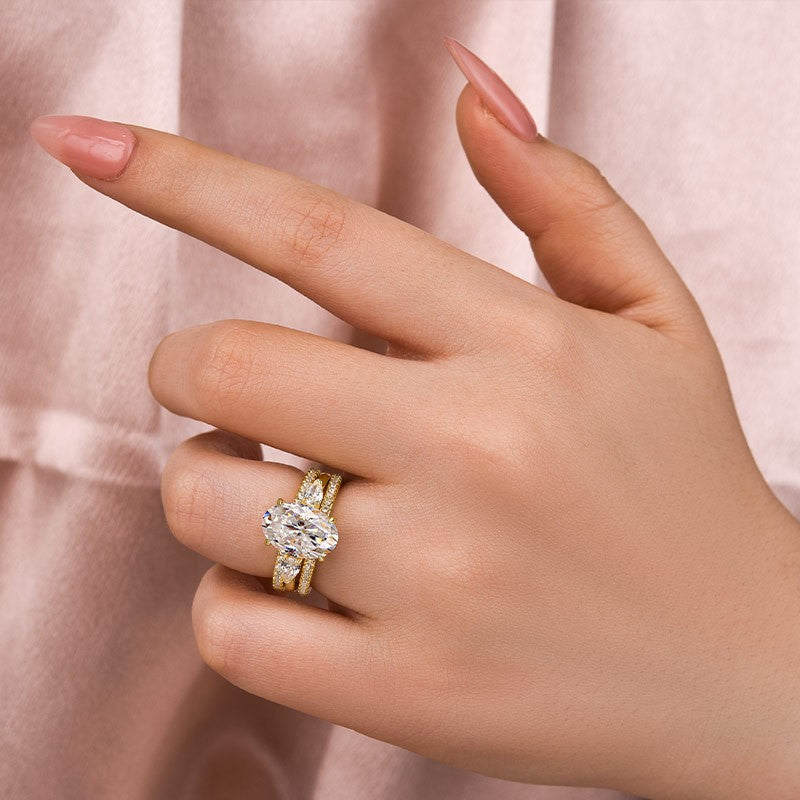 Moissanite 4.0Ct Oval Cut Side Stone Yellow Gold With Pavé Wedding Ring