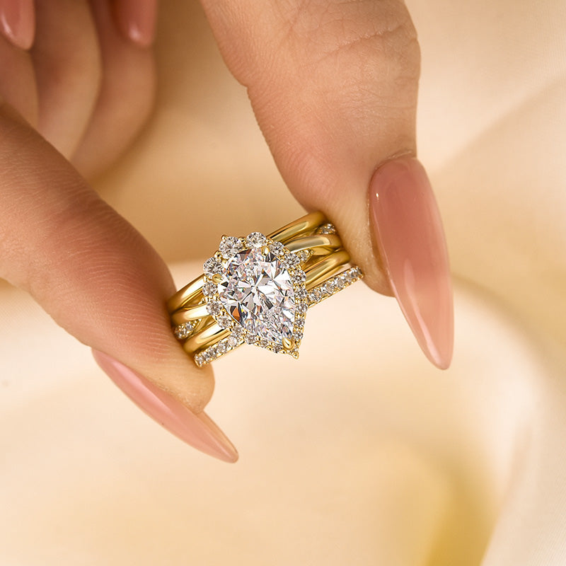 Ahabobo 4PC Luxurious Yellow Gold Halo Pear Cut Wedding Set