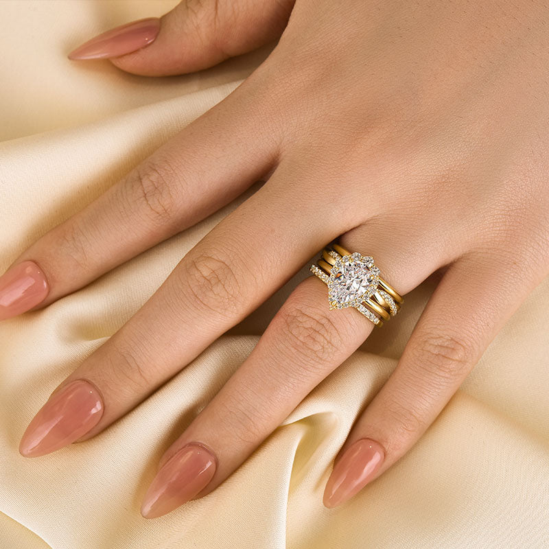 Ahabobo 4PC Luxurious Yellow Gold Halo Pear Cut Wedding Set