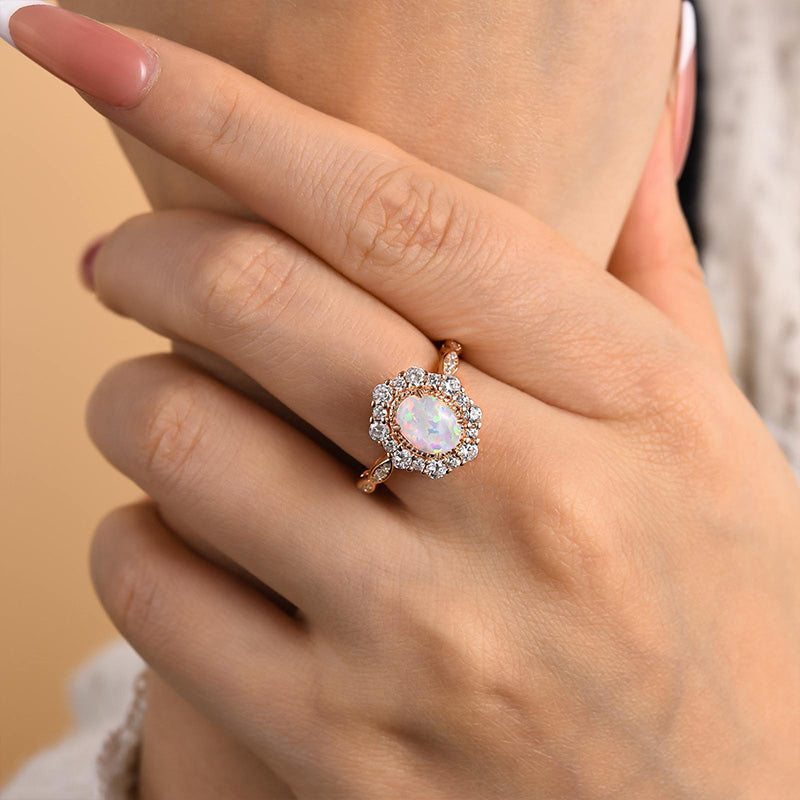 Vintage Halo Oval Cut Opal Stone Engagement Ring