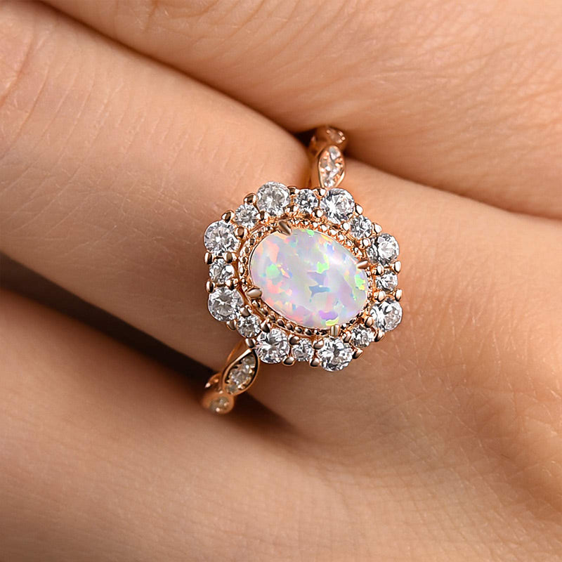 Vintage Halo Oval Cut Opal Stone Engagement Ring