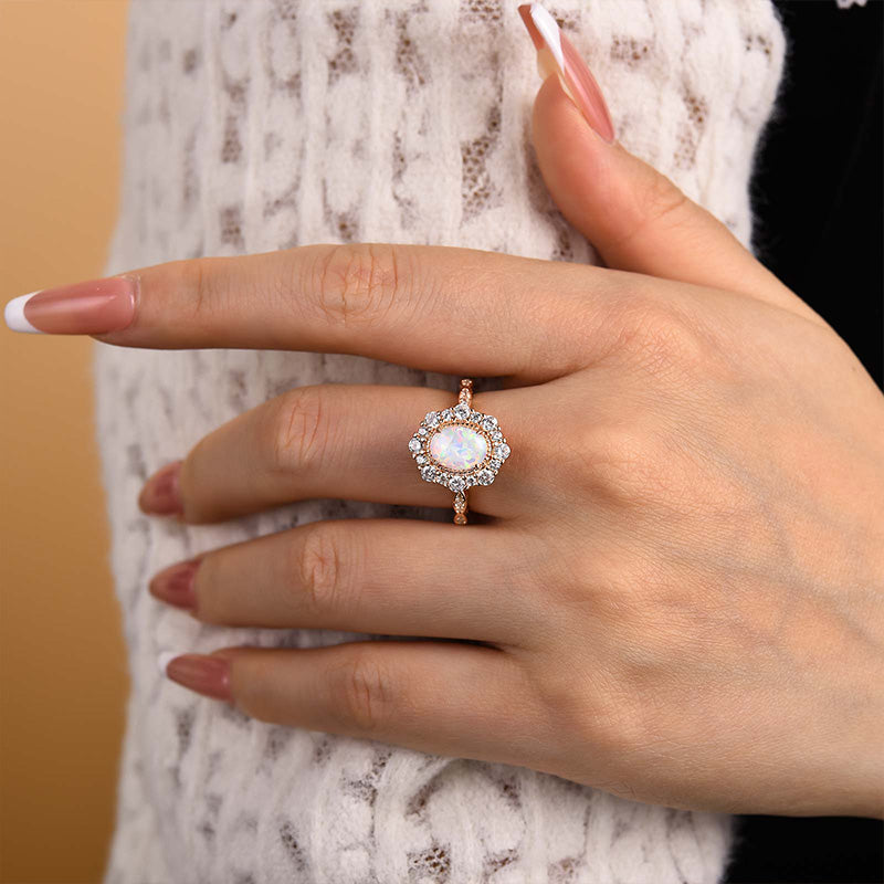 Vintage Halo Oval Cut Opal Stone Engagement Ring