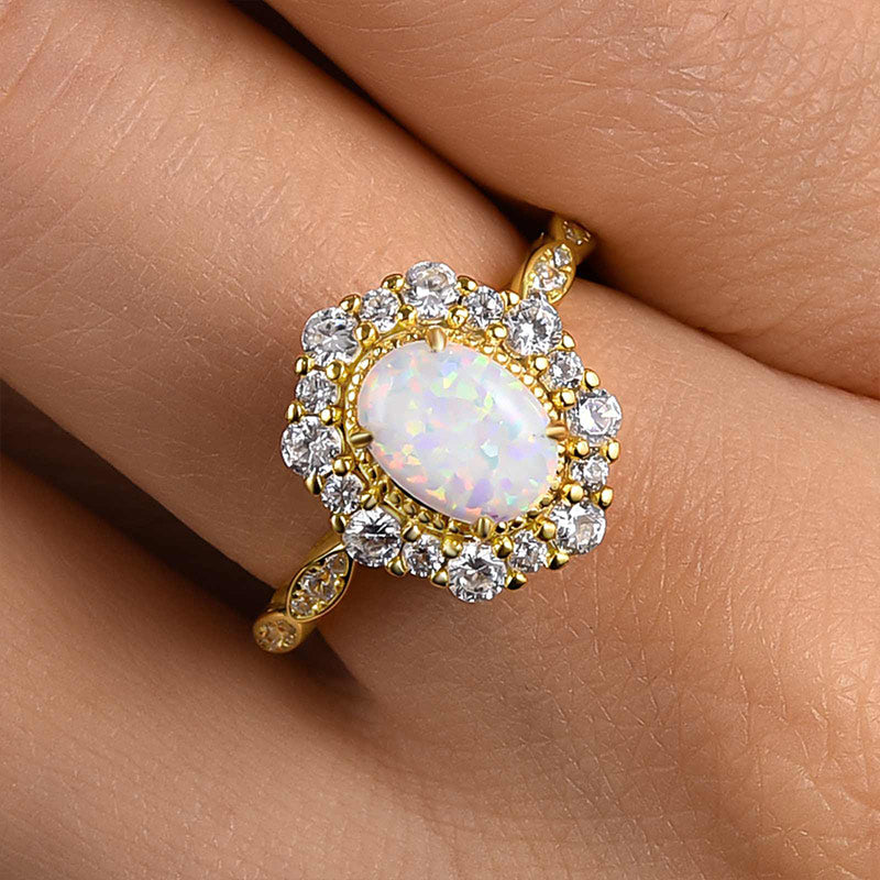 Vintage Halo Oval Cut Opal Stone Engagement Ring