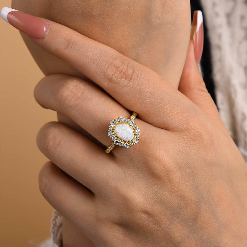 Vintage Halo Oval Cut Opal Stone Engagement Ring