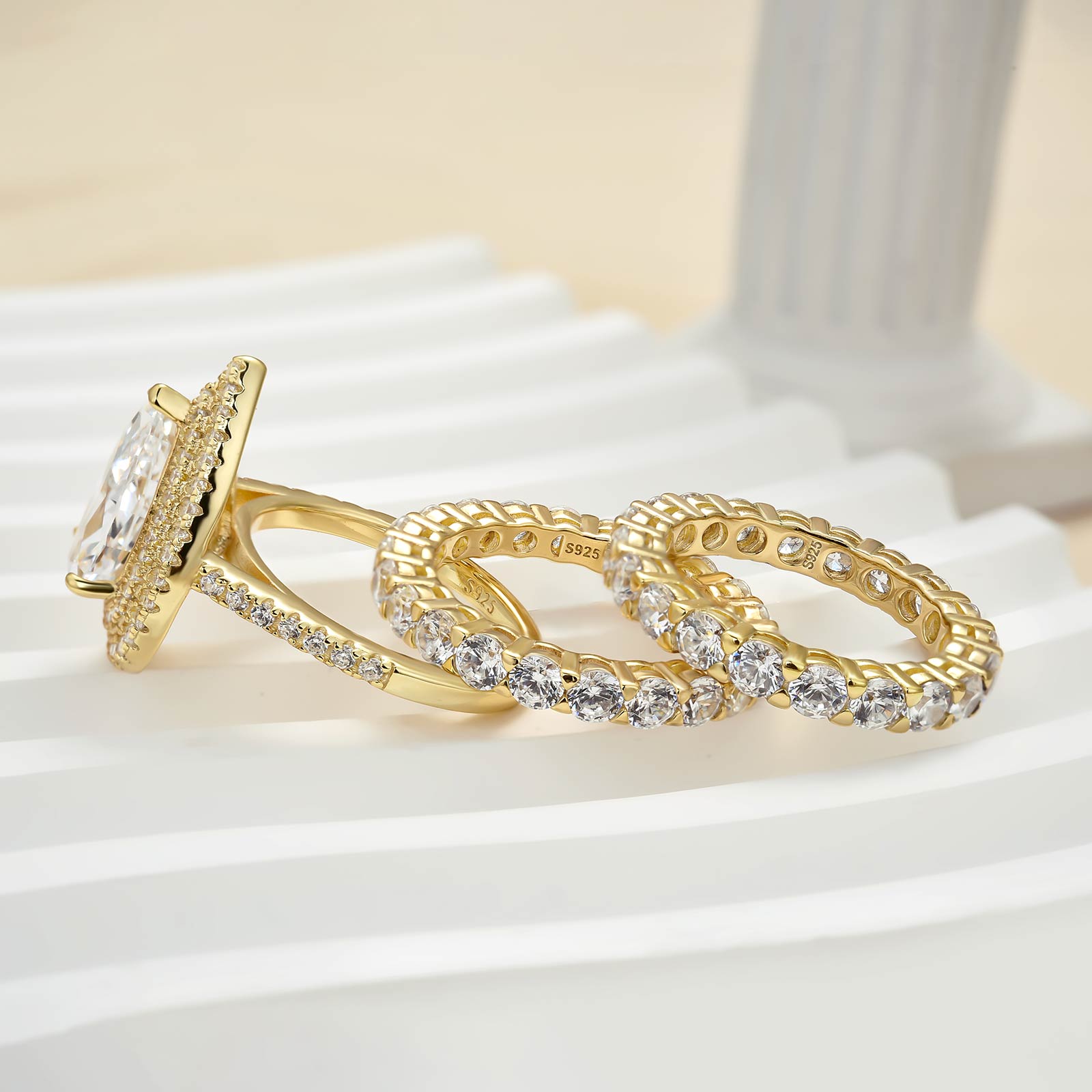 Eternity Double Halo Pear Cut 3-Pieces Wedding Set In Sterling Silver