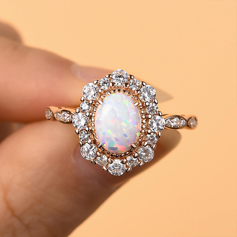 Vintage Halo Oval Cut Opal Stone Engagement Ring