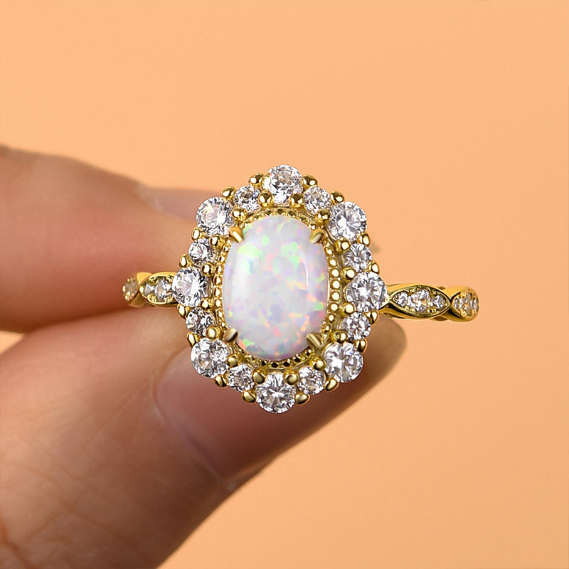 Vintage Halo Oval Cut Opal Stone Engagement Ring