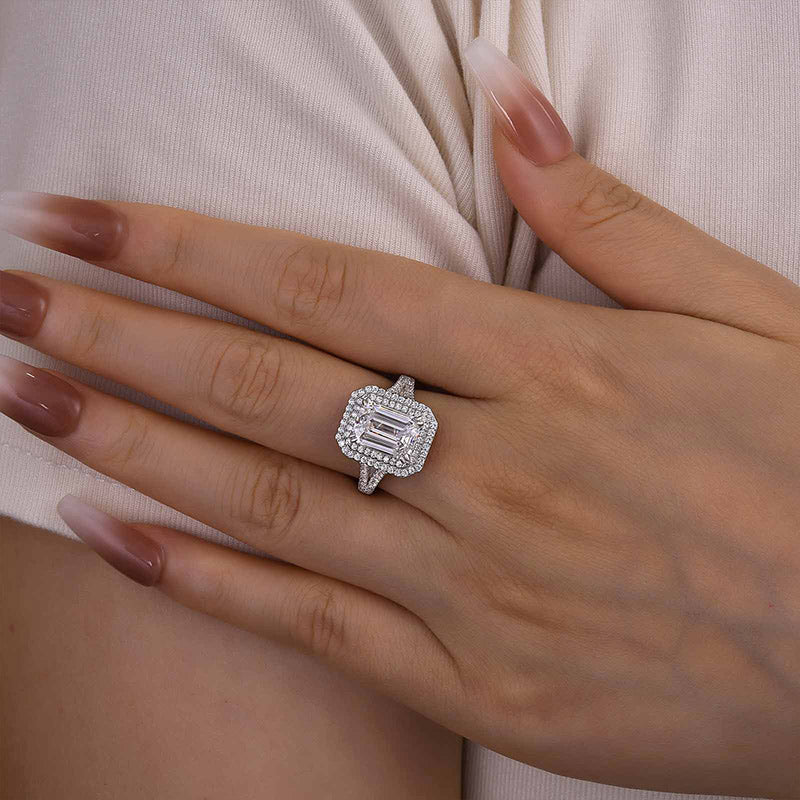 Ahabobo Luxurious Double Halo Emerald Cut Engagement Ring In Sterling Silver
