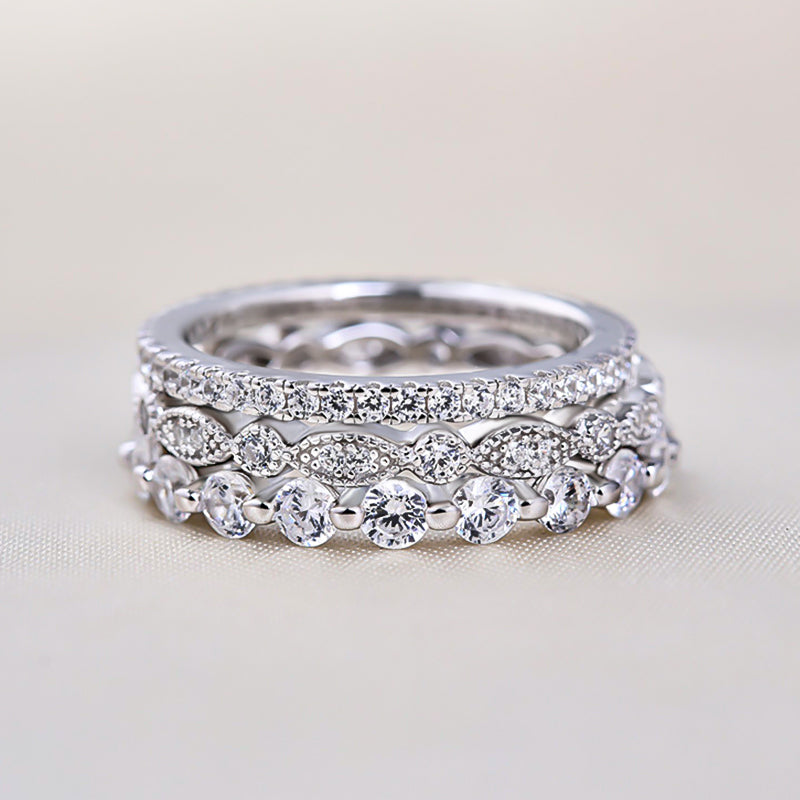 Art Deco 3-Pieces Stackable Wedding Band Set In Sterling Silver