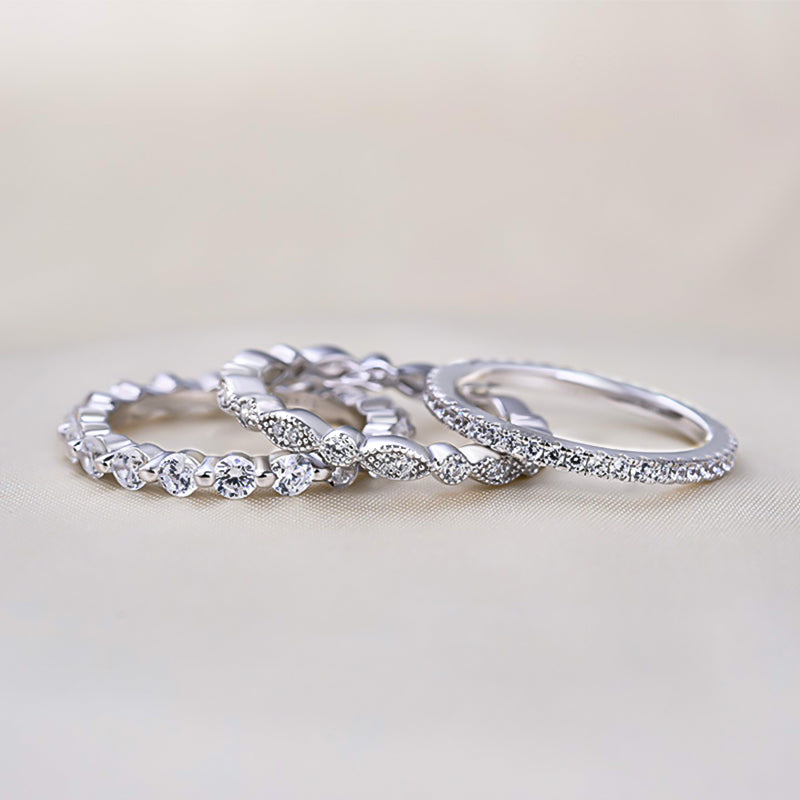 Art Deco 3-Pieces Stackable Wedding Band Set In Sterling Silver
