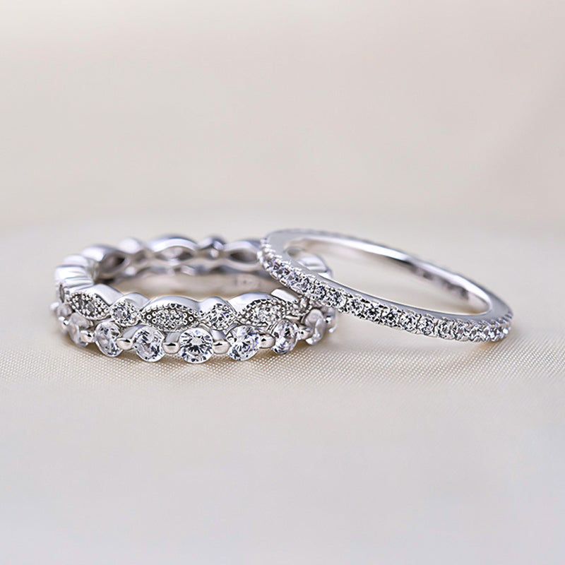 Art Deco 3-Pieces Stackable Wedding Band Set In Sterling Silver